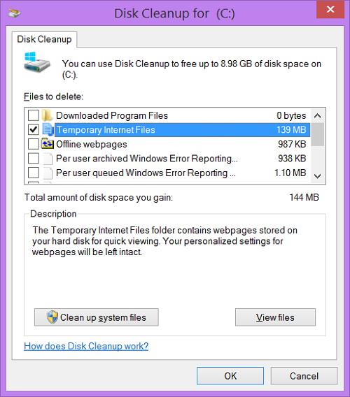 Nên dọn dẹp các tập tin rác trong Temporary Internet Files.